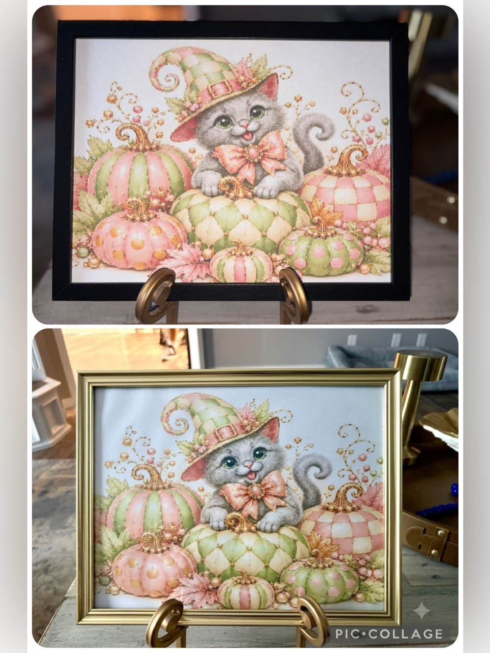 Iconic Checkered Pastel Pumpkin Kitten Framed 8x10 Art Print - Pink & Green
